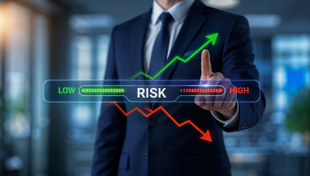 Business risk management strategy continuity insurance concept with executive pointing virtual interface showing low to high risk meter and trend
