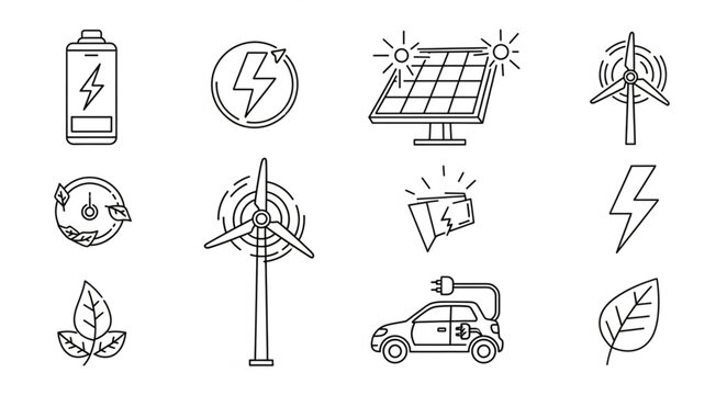 Set of hand-drawn icons representing renewable energy sources and concepts.