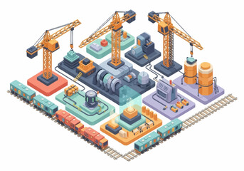 Obraz premium Isometric illustration of industrial construction site with cranes, trains, and factory buildings.