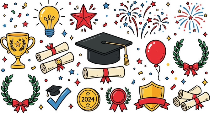 Graduation Celebration Vector Set with Mortarboard, Diploma Scrolls, Gold Trophy, Fireworks, and 2024 Achievement Symbols for Academic Success, School Events, and Convocation Designs