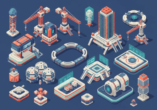 Collection of futuristic isometric sci-fi buildings and structures with a blue and orange color scheme on a dark background.