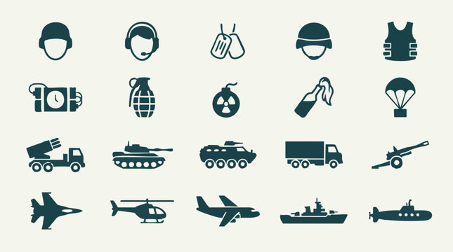 Military, army, and war vector icons set: vehicles, weapons, and gear