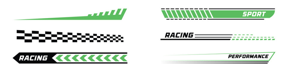 Racing stripe decal set. Isolated vector illustration of geometric green and black speed lines, checkered patterns, and performance typography for sports car wrap and automotive styling design. © VisionaryFrames