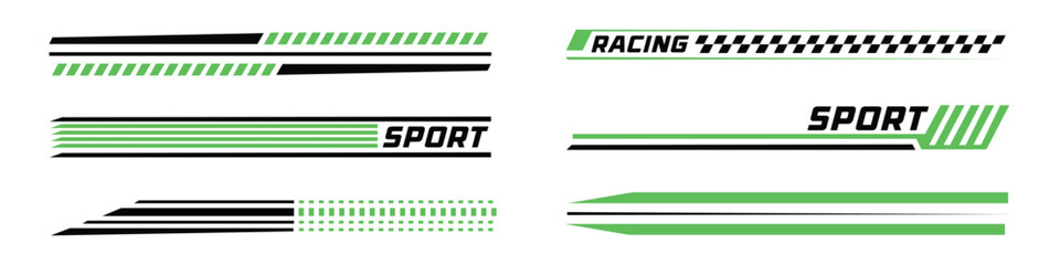 Racing stripe decal set. Isolated vector illustration of geometric speed lines, checkered patterns, and sports typography for vehicle wrap and automotive styling design. © VisionaryFrames