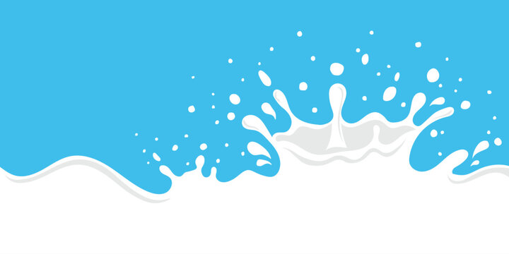 Fresh milk splash and wave background. Isolated vector illustration of creamy white liquid with drops and ripples on blue background for dairy product branding, banner, and poster design.