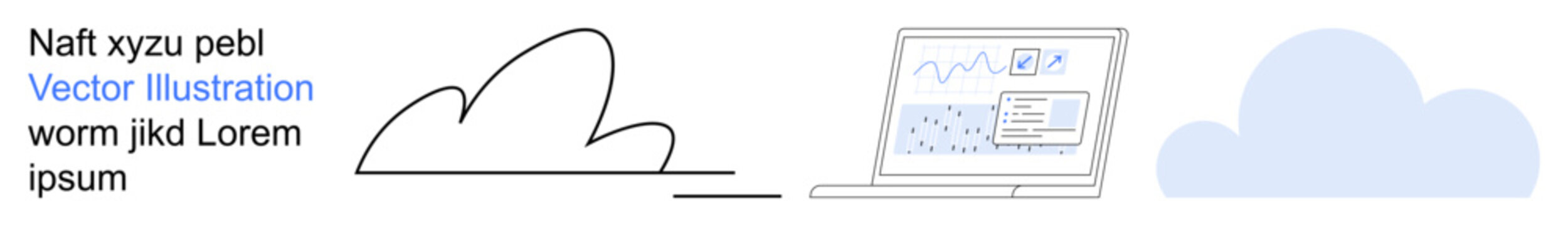 Cloud computing, data storage, analytics, digital workflows, remote access, online services. A laptop displaying analytics, cloud icon and line art elements. Cloud computing and data storage