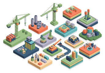 Obraz premium Isometric collection of industrial buildings, construction cranes, and factory elements in a flat design style.