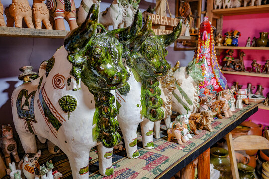 Pucara, Peru - 27 Nov 2025: Traditional Ceramic Bulls (Torito de Pucara) in the town of Pucaca, Puno, Peru