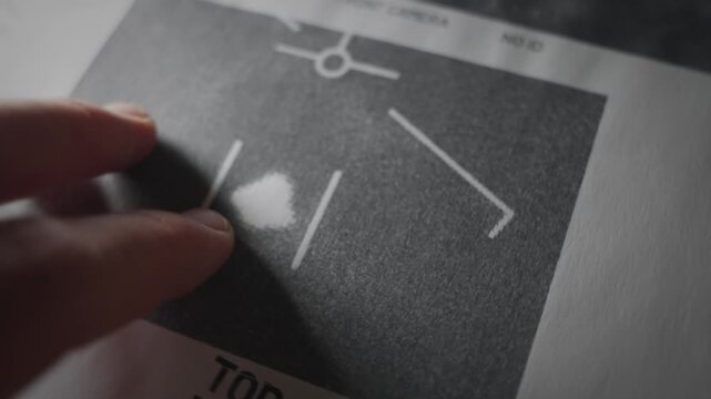 Hand going over top secret government report with UFO photo evidence of Area 51. Classified information regarding alien activity proof seen by Navy fighter jet camera. UAP investigation detective file