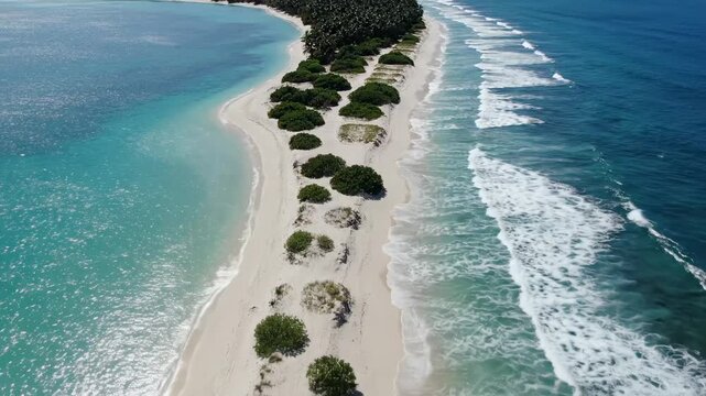 Aerial view drone shot of tropical island coastline with palm trees and white sand beach