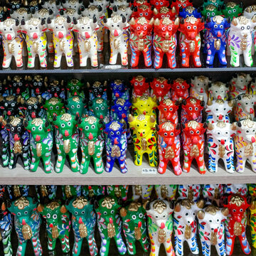 Pucara, Peru - 27 Nov 2025: Traditional Ceramic Bulls (Torito de Pucara) in the town of Pucaca, Puno, Peru