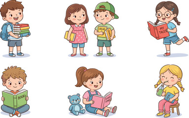 Fototapeta premium Cute Kids with Books in Various Poses for Educational and Reading Illustrations for Children