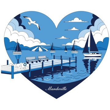 Mandeville Louisiana Nautical Heart Illustration with Sailboats, Pier, and Lake Pontchartrain View - Vector Lakefront Travel Art in Blue and White
