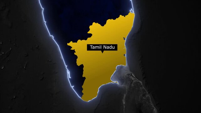 Tamil Nadu map highlight animation with glowing India state border and cinematic geographic location