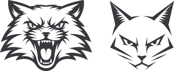 Aggressive wild cat mascot logo set with fierce roaring feline faces in monochrome style. Sharp animal emblem collection for sports branding, teams and tattoo graphic design. © Parul