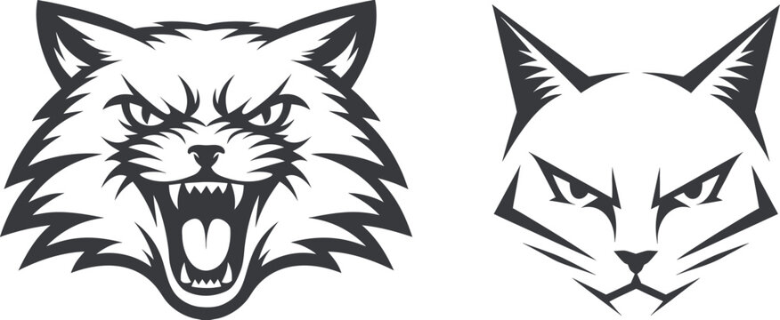 Aggressive wild cat mascot logo set with fierce roaring feline faces in monochrome style. Sharp animal emblem collection for sports branding, teams and tattoo graphic design.
