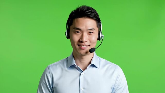 Professional Asian male call center agent wearing headset talking on green screen background for chroma key compositing and remote support services.