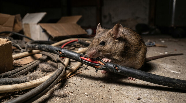 Close-up of a rodent gnawing at the insulation of an electrical wire in a dark room, a small pest damages the power cord and poses a fire risk