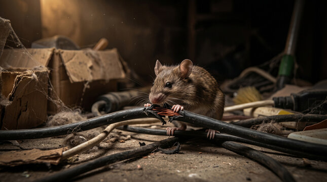 Close-up of a rodent gnawing at the insulation of an electrical wire in a dark room, a small pest damages the power cord and poses a fire risk