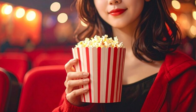 映画館でポップコーンを持って微笑む日本人女性
