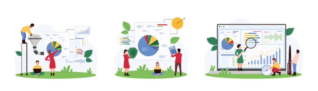 Data transformation process, wrangling analysis and audit set. Tiny people analyze information in charts with magnifying glass, work on conversion data structure in funnel cartoon vector illustration