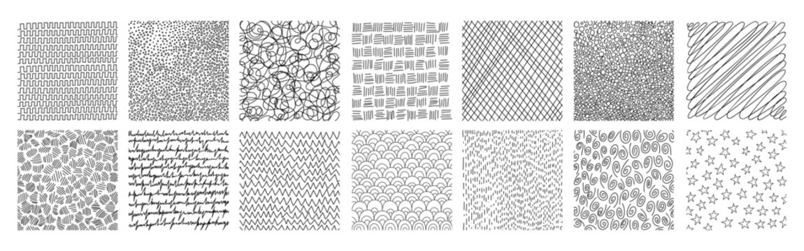 Crosshatch textures featuring hand-drawn line work and doodle pattern vector illustration set. Pencil sketch hatching with geometric grunge strokes, dots, and vintage scribble elements for background.
