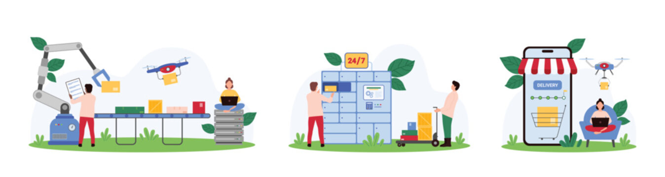Online store order, automation logistic in warehouse terminal and delivery by drone set. Tiny people and robot work with parcel on packstation, deliver box to locker cartoon vector illustration