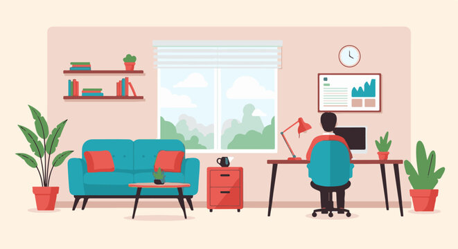 Person working at desk in a modern room with a couch and plants