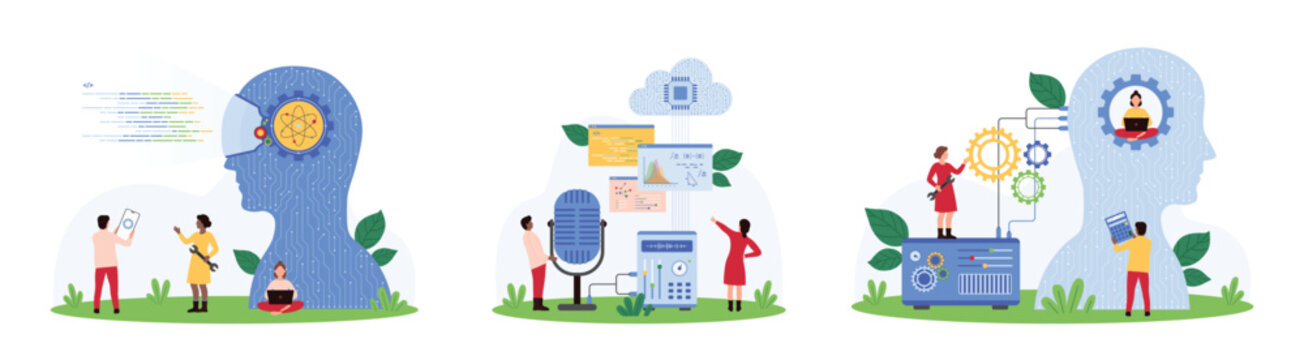 Cloud computing, coding and working on digital projects using AI and chatbot set. Tiny people work on program code with chat bot, connect virtual assistant and lab machine cartoon vector illustration