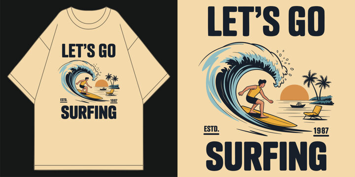 let's go surfing retro vintage sunset beach surfer graphic coastal vibes summer apparel estd 1987 ocean waves travel adventure surf club t shirt design vector illustration artwork