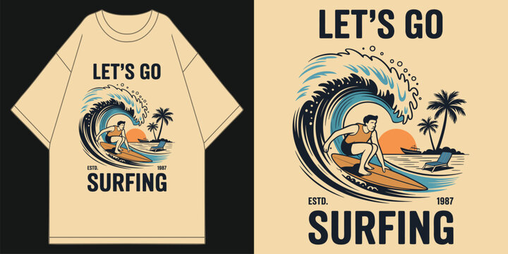 let's go surfing retro vintage sunset beach surfer graphic coastal vibes summer apparel estd 1987 ocean waves travel adventure surf club t shirt design vector illustration artwork