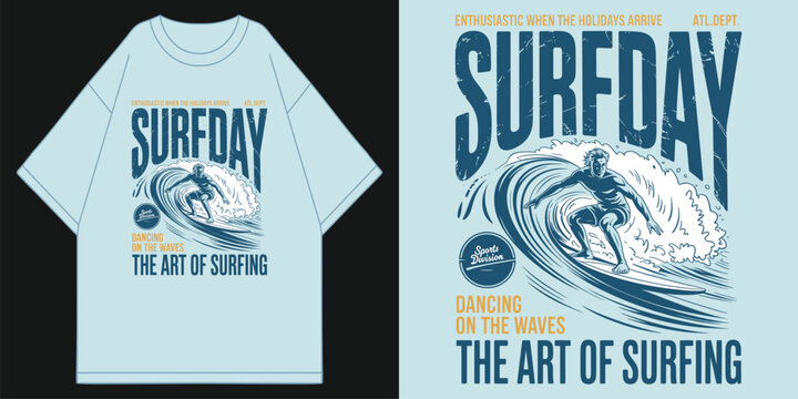 surfday dancing on the waves the art of surfing retro vintage surfer graphic tshirt coastal beach aesthetic summer vibes clothing apparel merchandise t shirt design vector illustration artwork