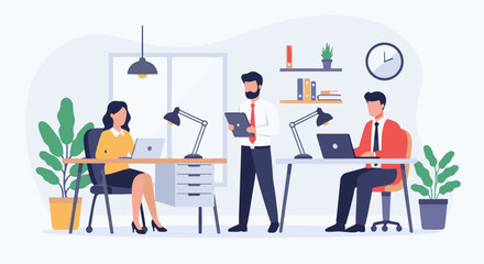 Fototapeta premium Three people work in an office setting with plants, desks, and laptops