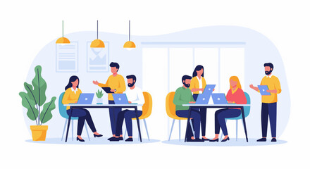 Naklejka premium People collaborating and working on laptops around tables in a modern office space