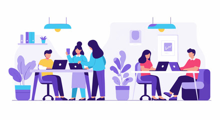 Naklejka premium People collaborating and working on laptops in a modern office setting with plants