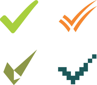 Set of four unique green and orange checkmark symbols for confirming success and completed tasks