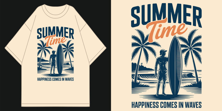 summer time happiness comes in waves retro vintage sunset surfer palm tree graphic coastal beach aesthetic tropical apparel merchandise clothing fashion t shirt design vector illustration artwork