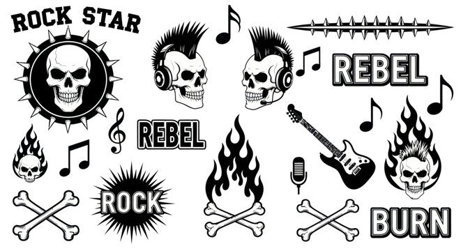 Rock star skulls with guitar music.