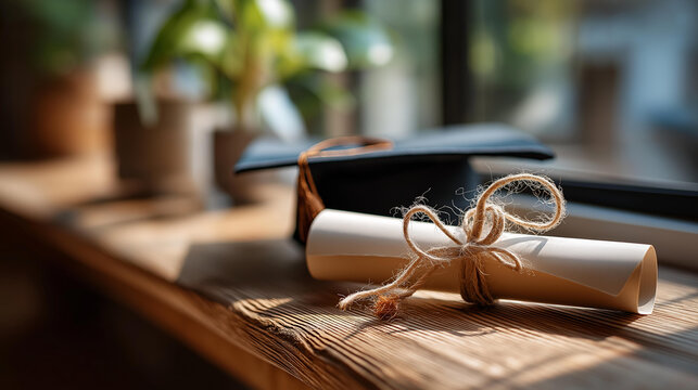 Minimalist hero shot of a graduation cap and a rolled diploma tied with twine resting on a sunlit wooden table near a softly defocused window academic achievement success