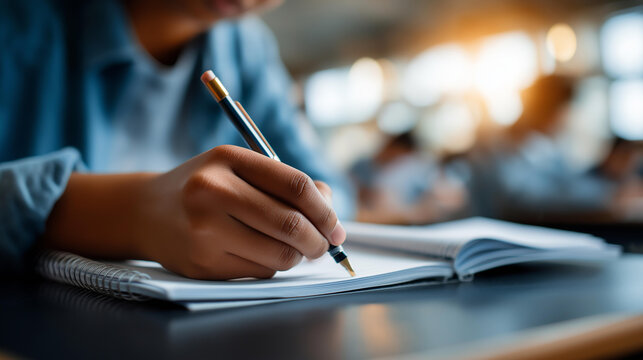 Macro close up of a silhouetted student hand writing intently in a notebook on a bright softly defocused classroom desk focused writing classroom learning faceless student