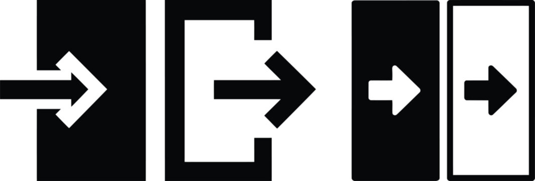 Login and logout icon set, minimalist exit and entry vector symbols for web and app UI. Sign in and Sign out, Open close and off direction button.