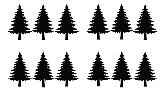 Set of twelve black spruce tree silhouettes in two rows isolated on transparent background for forest landscape design projects monochrome graphic elements vector illustration flat style simple icon.