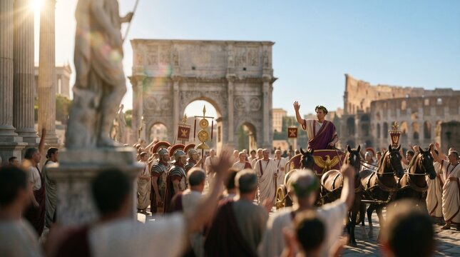 Roman Emperor in Triumphal Chariot Waving to Crowd Near Colosseum