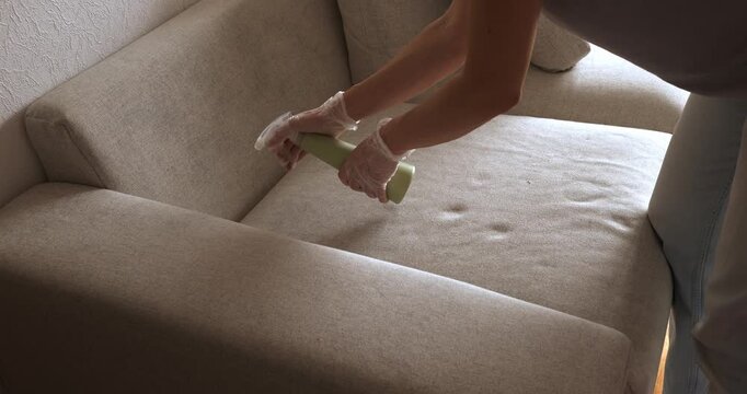 Applying spray cleaner to a couch for fresh fabric maintenance