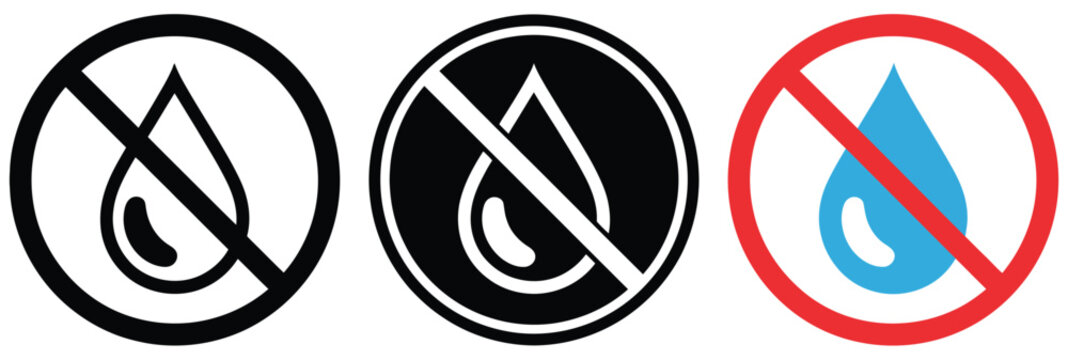 No water icon vector illustration featuring crossed-out water drop symbol for fluid restriction, leak prevention, and moisture control zones