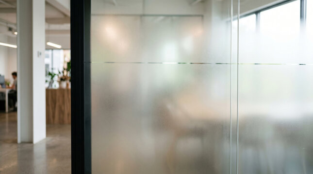 Modern frosted glass office partition with blurred background of a contemporary workspace and employees working