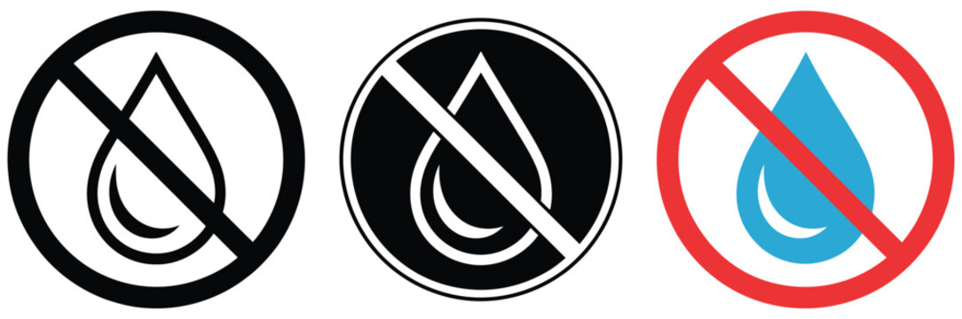 No water vector icon showing crossed water drop symbol for hydration ban, waterproof area marking, and dry zone restriction signage