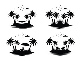 Fototapeta premium Set of isolated vector black tropical islands with palm trees. island with palm trees, with hammock, with sunset, with person on a deck chair under umbrella.