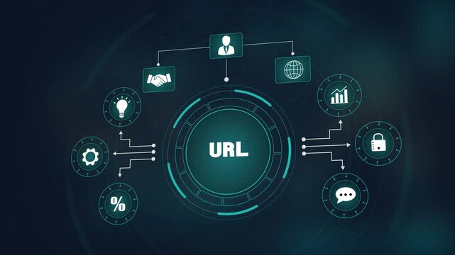 Advanced digital URL technology interface, global business web network with glowing icons, professional internet address system and innovative data flow.