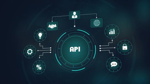 Advanced digital API technology interface, global business integration network with glowing icons, professional software service and innovative data flow.